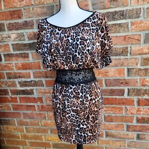 Vintage Y2K 5th Culture Womens Medium Leopard Print Black Lace Club‎ Party Dress